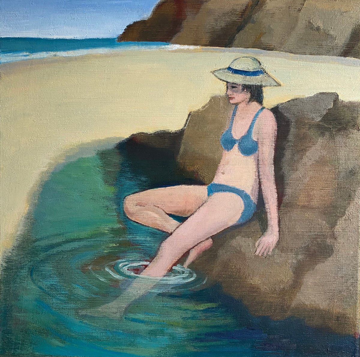 Impressionistic Portrait Oil Painting By Nigel Sharman, 18 X 18", Sunseeker Cooling Down, Original Artwork