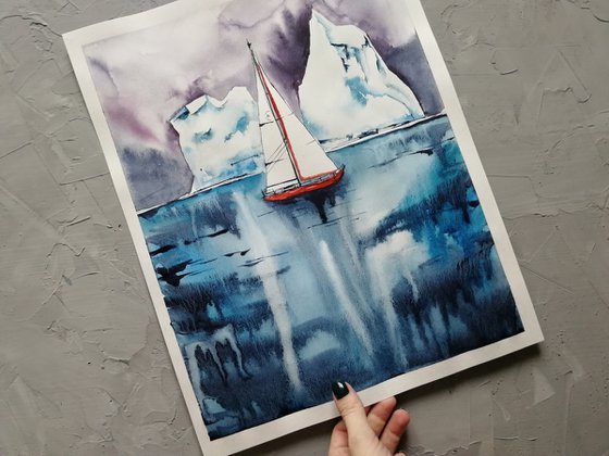 Red sailboat\ICEBERG PAINTING/ ANTARCTICA