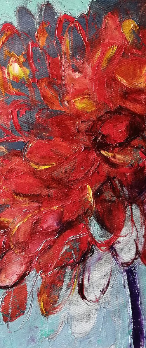 Red power on green. Flower art by Olga David