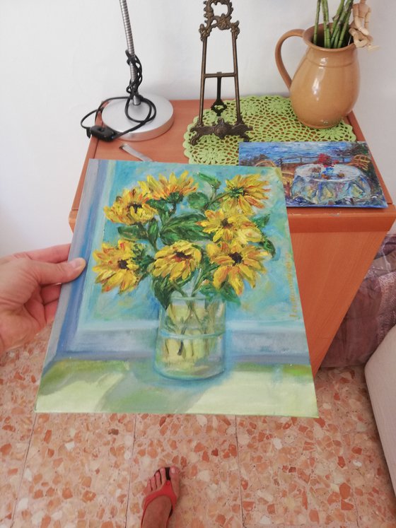 "Sunflowers in the Window" Original Oil Painting 10x12" (24x30cm)