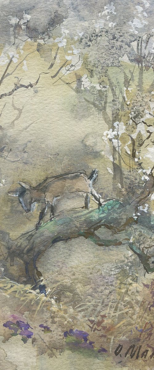 Early spring. Evening sketch with goats / Original watercolor Plein air artwork Square picture Ocher brown landscape by Olha Malko