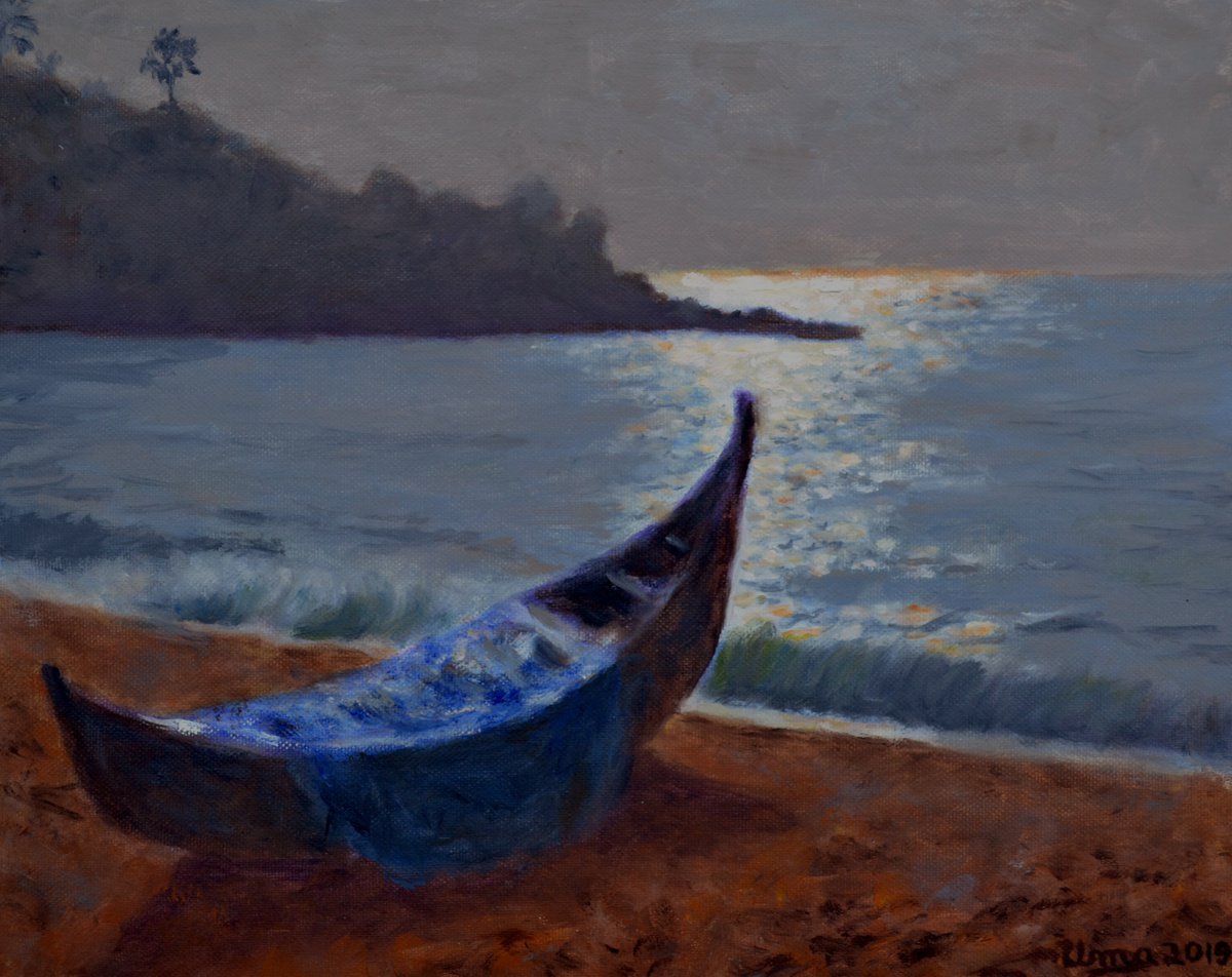 Impressionistic Landscape Oil Painting By Uma Krishnamoorthy, 10 X 8", Fishing Boat At Kovalam Beach, Original Artwork