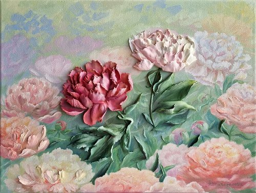 Flower painting with dancing peonies in the garden. Ladies' choice dance. 3d relief red and pink-cream petals. by Irina Stepanova
