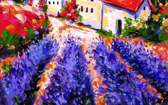 Village with lavender field