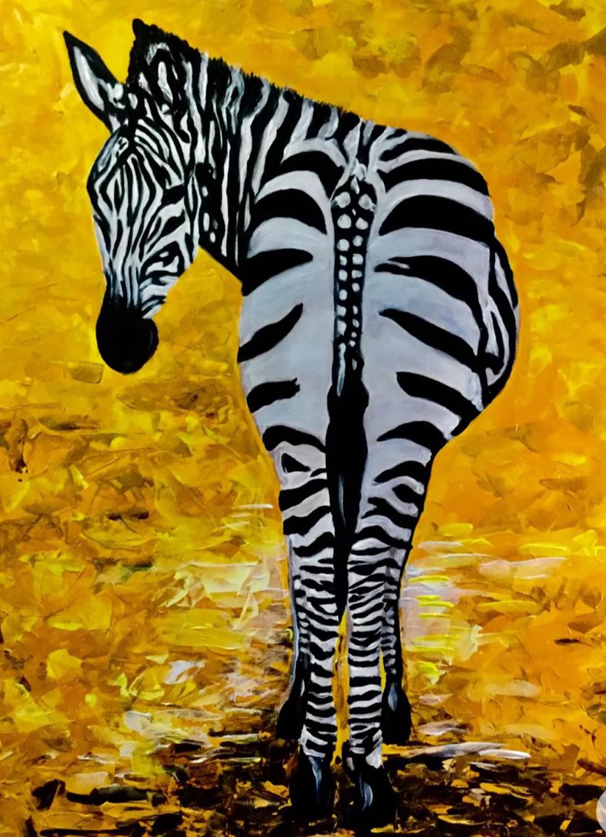 Expressive Animal Painting By Olga Koval, 24 X 32", Zebra On Golden Field, Original Artwork