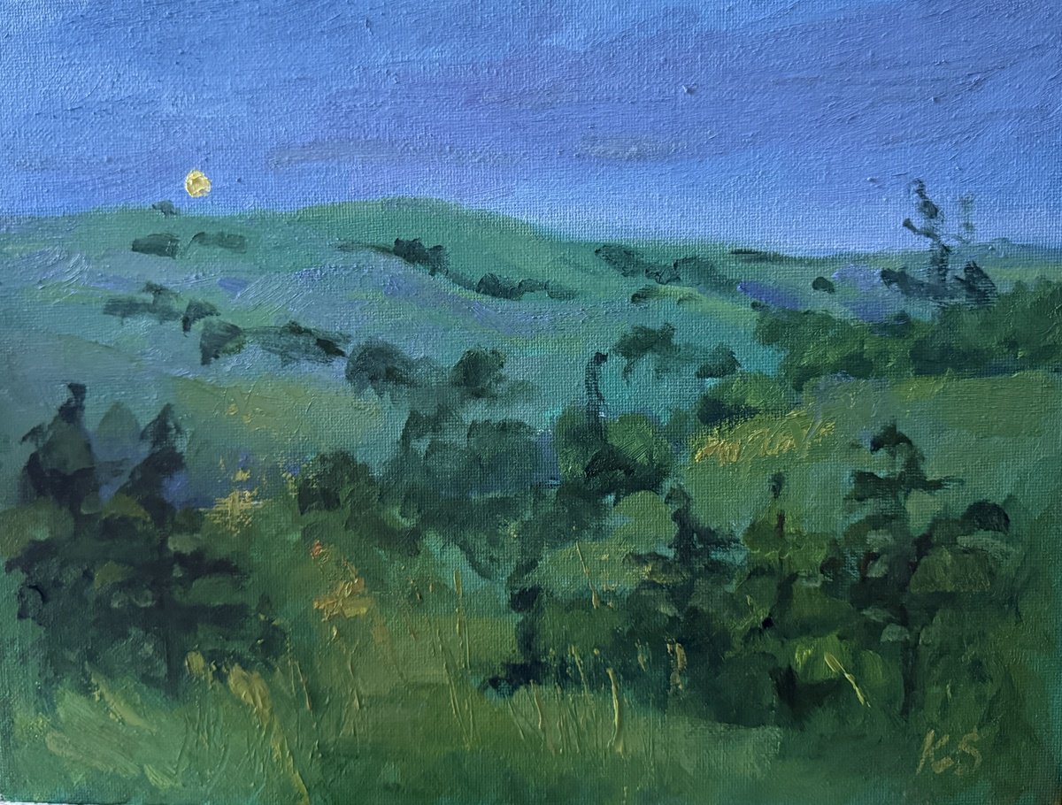 Impressionistic Landscape Oil Painting By Kate Sosonna, 12 X 9", Twilight Hills, Original Artwork
