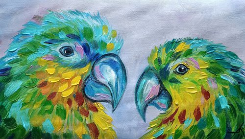 Parrots birds - parrots, painting on canvas, gift, parrots art, art bird, animals oil painting,  palette knife by Anastasia Kozorez