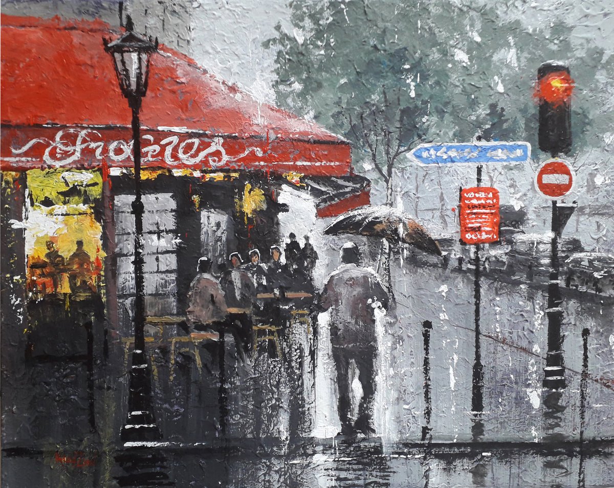 France Cityscape Wall Art Acrylic painting On Canvas Cafe In Paris by Alexander Zhilyaev