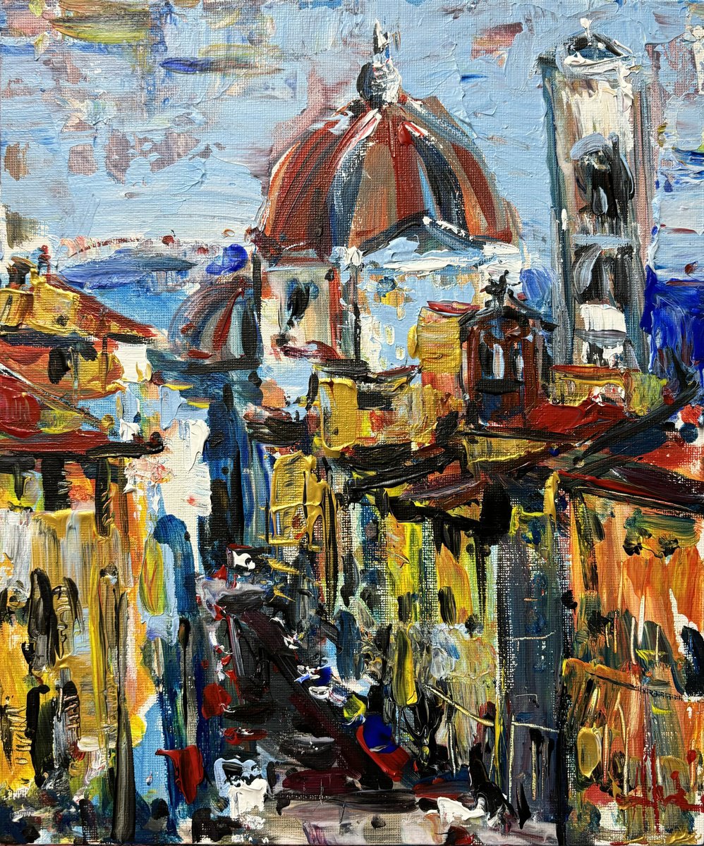 Expressive Cityscapes Acrylic Painting By Altin Furxhi, 10 X 12, Roofs Of Florence ., Original Artwork