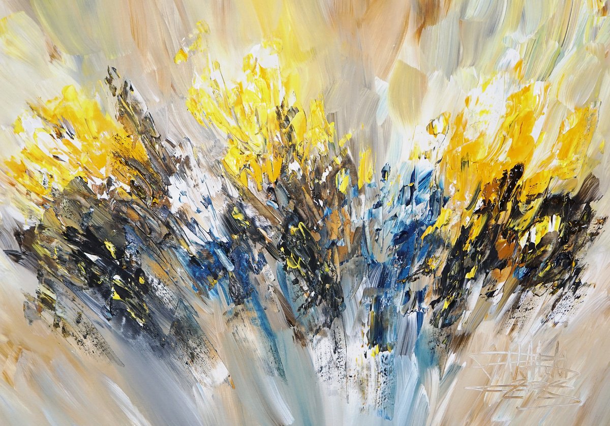 Abstract Acrylic Painting By Peter Nottrott, 39 X 28", Sunny Nature A 5, Original Artwork