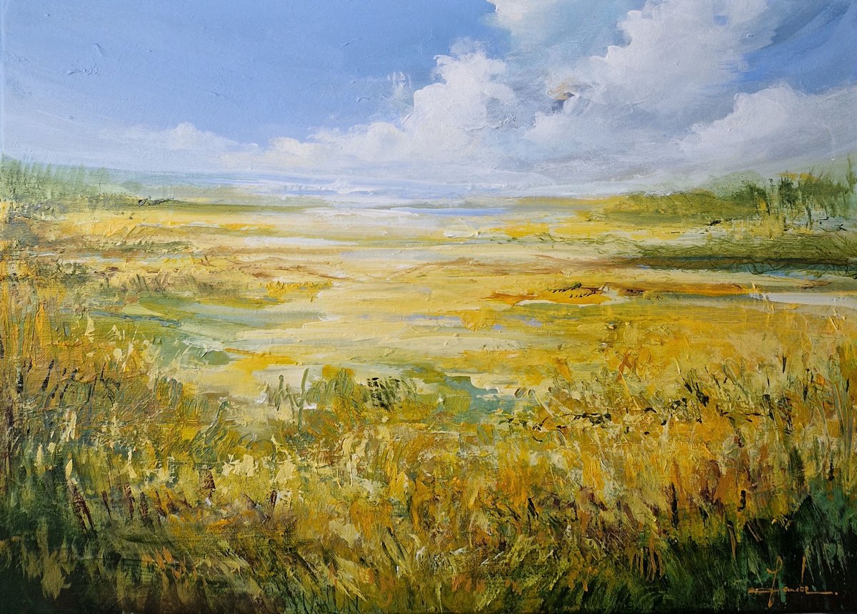 Impressionistic Landscape Acrylic Painting By Irina Laube, 28 X 20, Sunny Day, Original Artwork