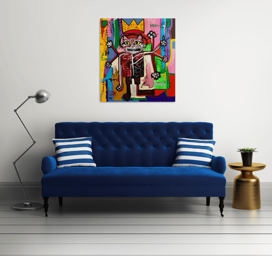 KING TROY the cat, ( 102 x 91 cm, 40 x 36 inches),  multi-armed, multitasking, inspired by Basquiat and Indian culture, solving the problems of the modern rapidly changing world in parallel and seamlessly