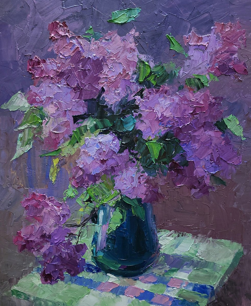 Impressionistic Still Life Oil Painting By Boris Serdyuk, 20 X 24, Lilac On The Table, Original Artwork