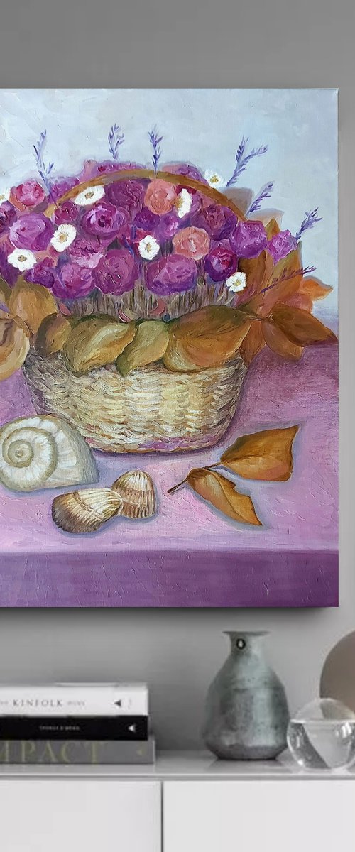 Roses, chamomile, lavender and shells. Pink still life. by Tatiana Popova