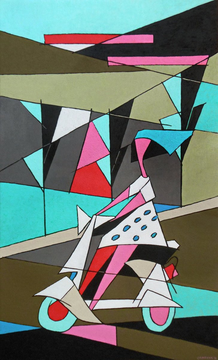 Abstract Transport Acrylic Painting By Evgen Semenyuk, 24 X 39, In White Mood, Original Artwork