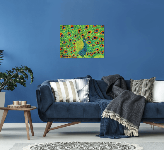 Dream (On the Edge Series)-Peacock Finger Painting, Impressionistic Painting, Bird Art