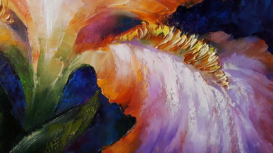 Oil flowers Painting " Delicate Iris " , impasto original art 52x52cm