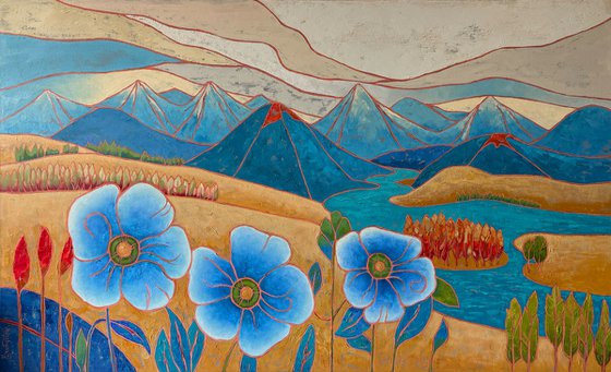 Blue poppies and mountain