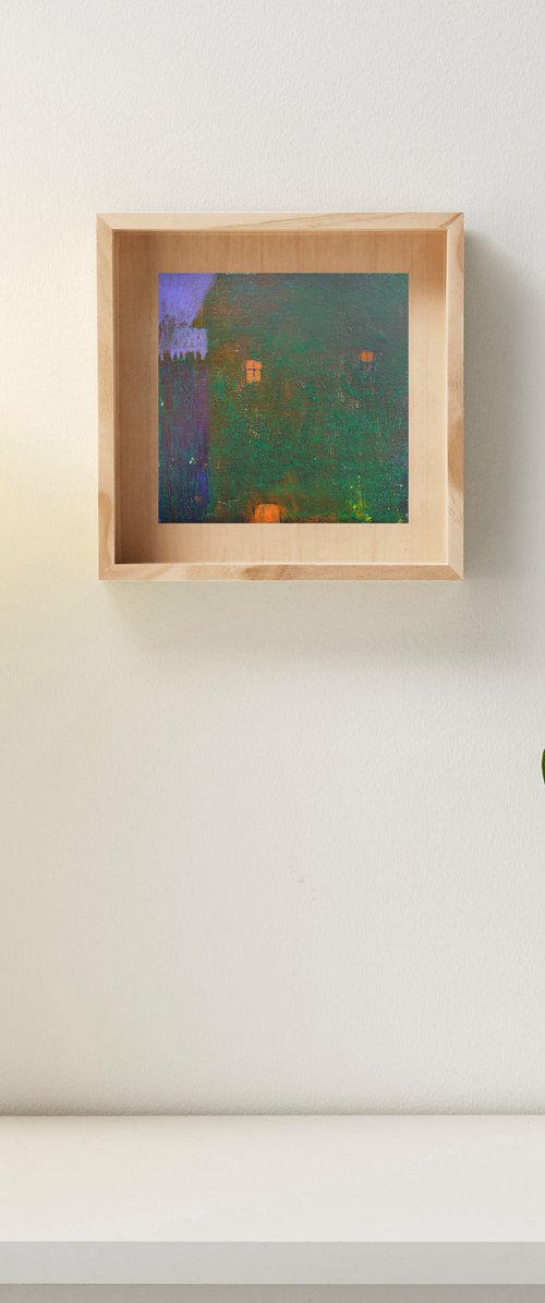 Tiny house - small mixed media painting by Ayna Paisley
