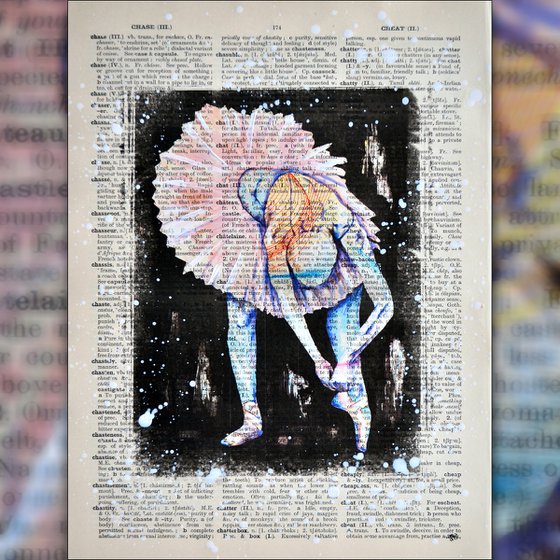 Ballerina - Collage Art on Large Real English Dictionary Vintage Book Page