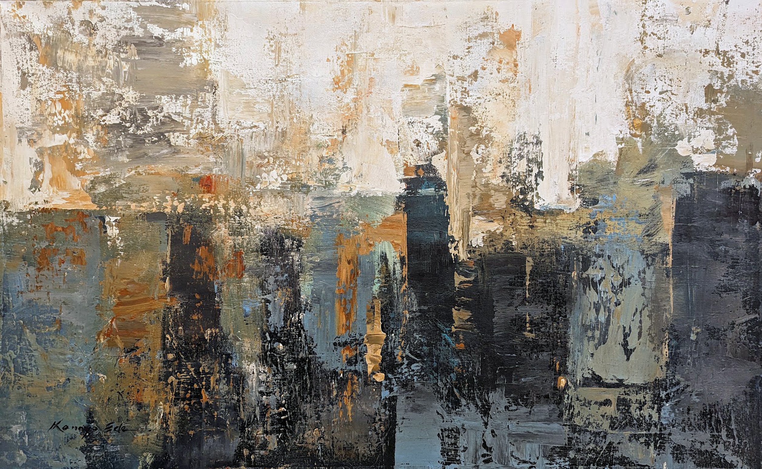 Abstract Cityscapes Acrylic Painting By Kanayo Ede, 42 X 24", Downtown, Original Artwork