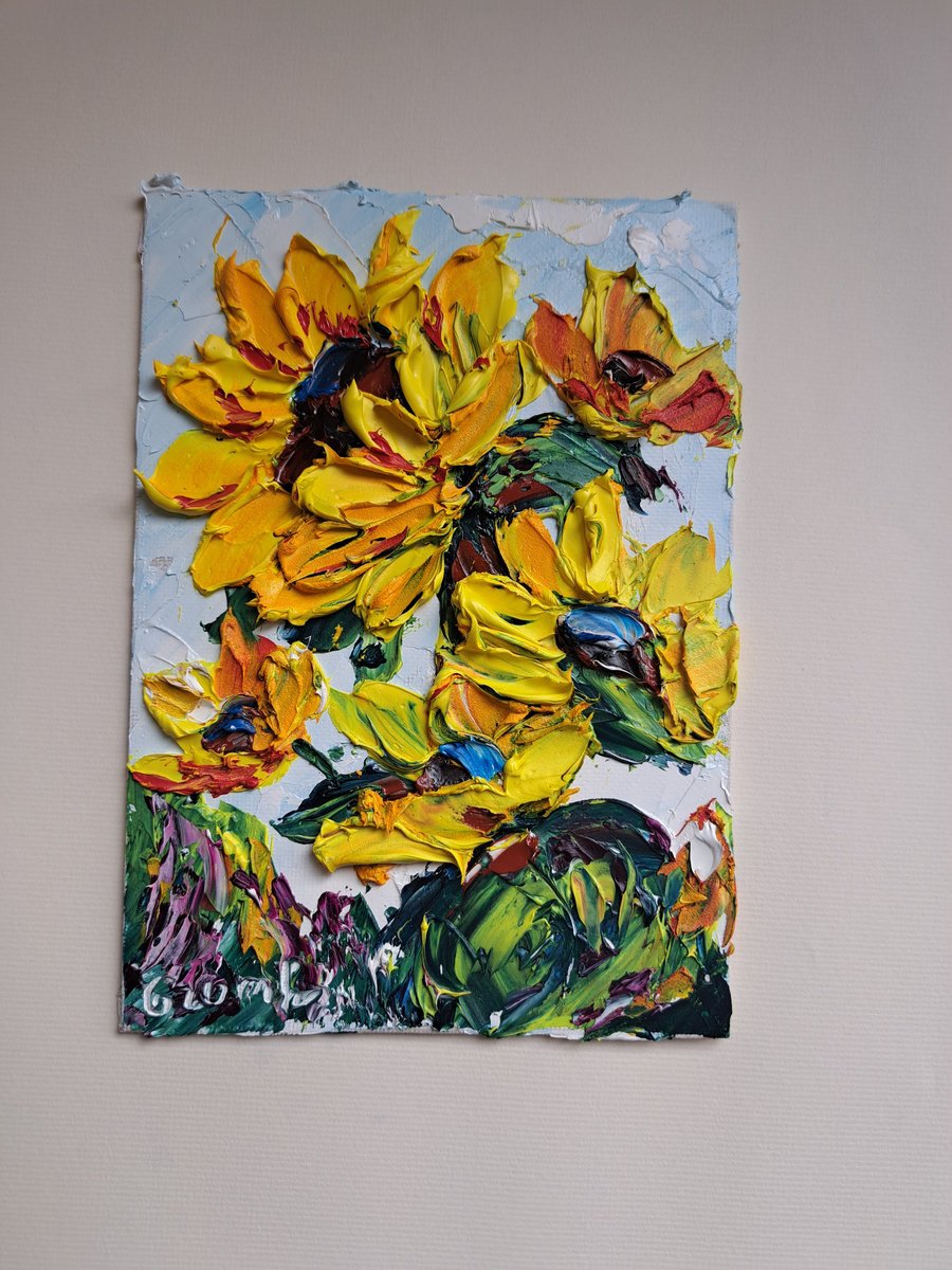 Impressionistic Botanical Oil Painting By Oksana Fedorova, 5 X 7", Sunflowers Impasto Painting, Original Artwork