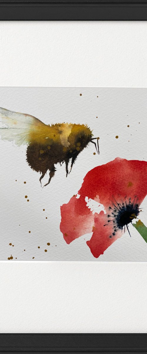 Bumble Bee Red Poppy framed by Teresa Tanner