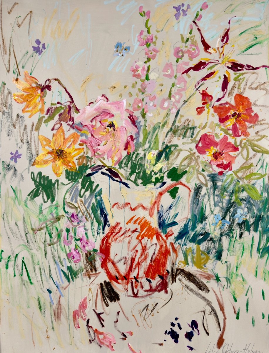 Expressive Botanical Oil Painting By Lilia Orlova-Holmes, 35 X 47", Still Life With Flowers, Original Artwork