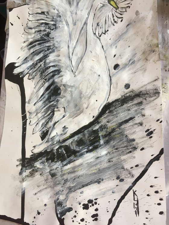 Swan III A3 Size Acrylic Painting on Paper Black White Fine Art Large White Bird Gift Ideas