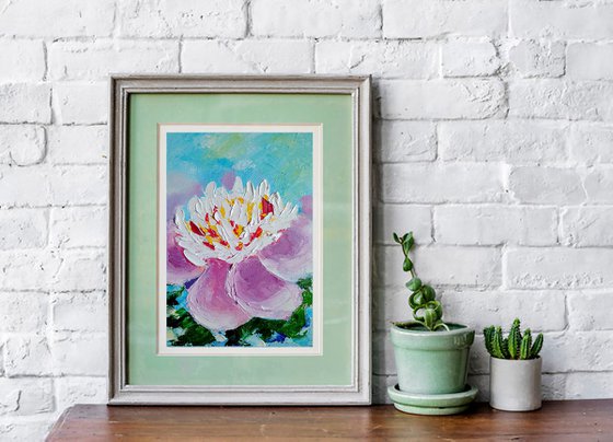 Peony Painting Original Art Floral Small Oil Artwork Pink Flower Wall Art