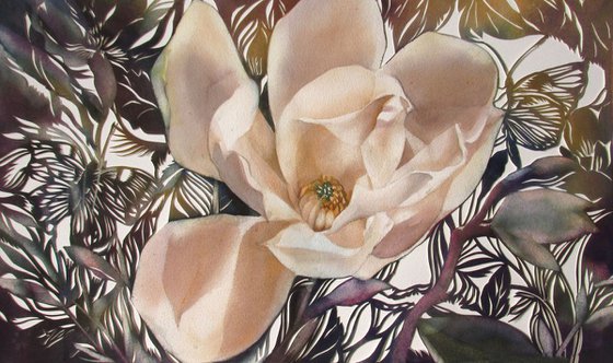 Magnolia with butterflies watercolor with paper cut