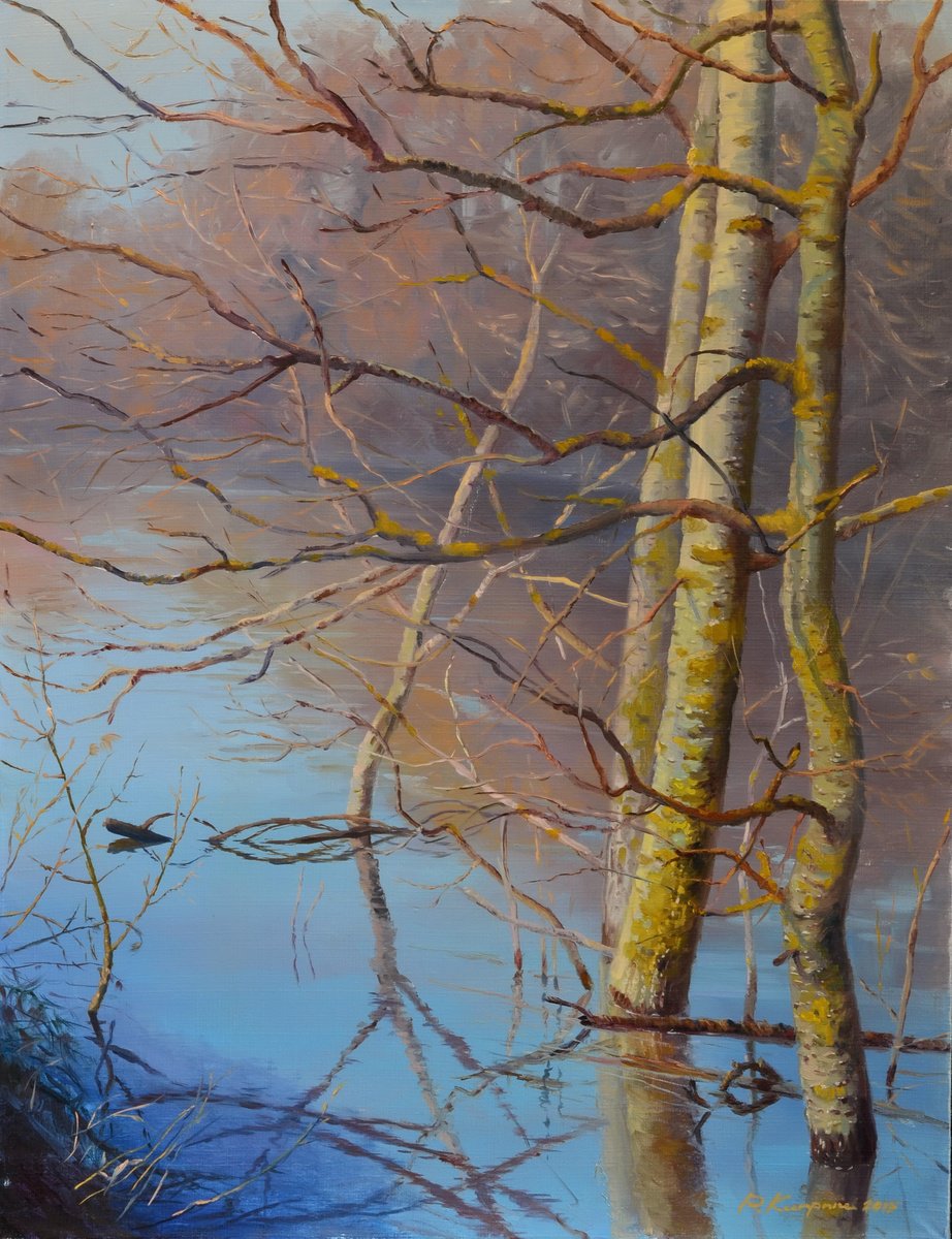 Impressionistic Landscape Oil Painting By Ruslan Kiprych, 20 X 26", Spring Flood, Original Artwork