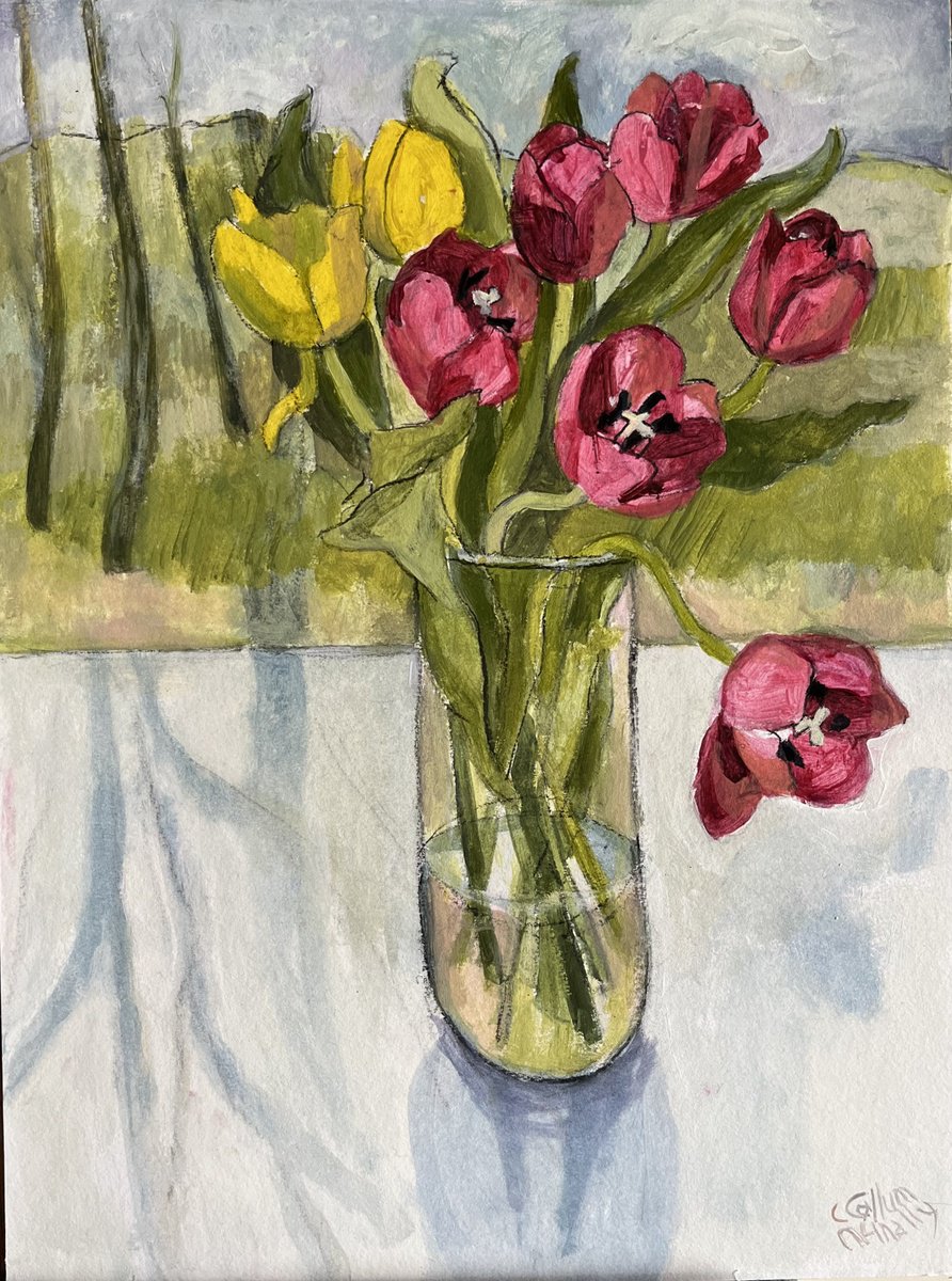 Impressionistic Botanical Acrylic Painting By Christine Callum Mcinally, 12 X 16, Tulips In Nature, Original Artwork