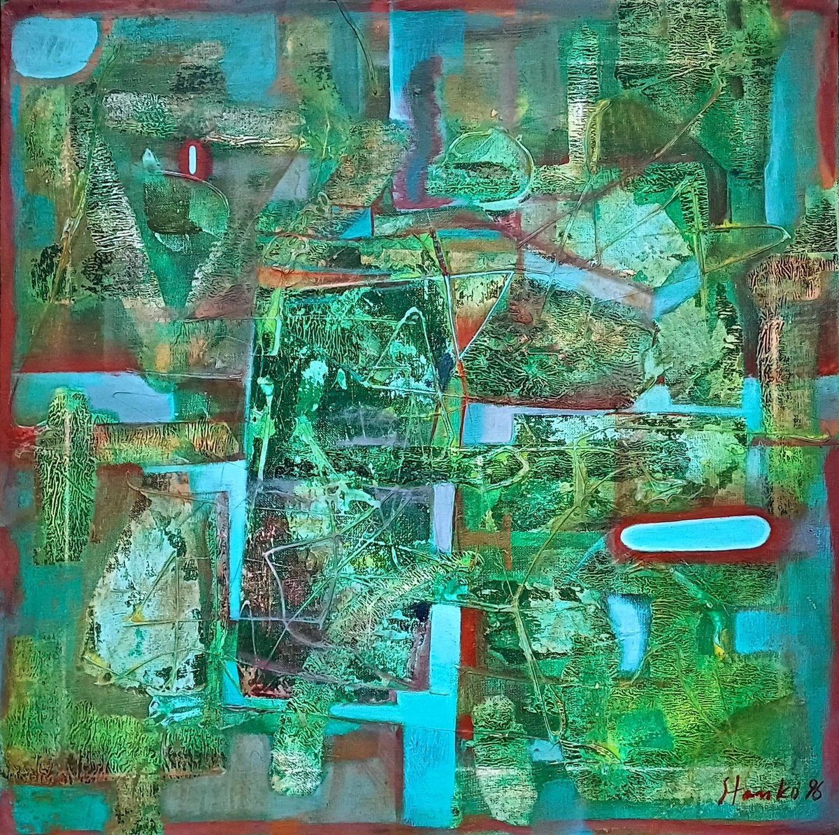Abstract Acrylic Painting By Stanislav Bojankov, 24 X 24", Untitled Landscape, Original Artwork