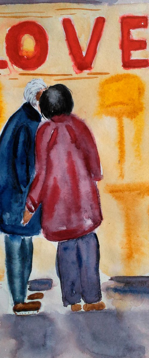 Couple Painting Figurative Original Art NYC Watercolor New York Artwork Small Home Wall Art 8 by 12" by Halyna Kirichenko by Halyna Kirichenko