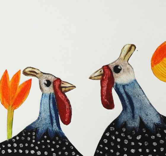 Guinea hens and flowers