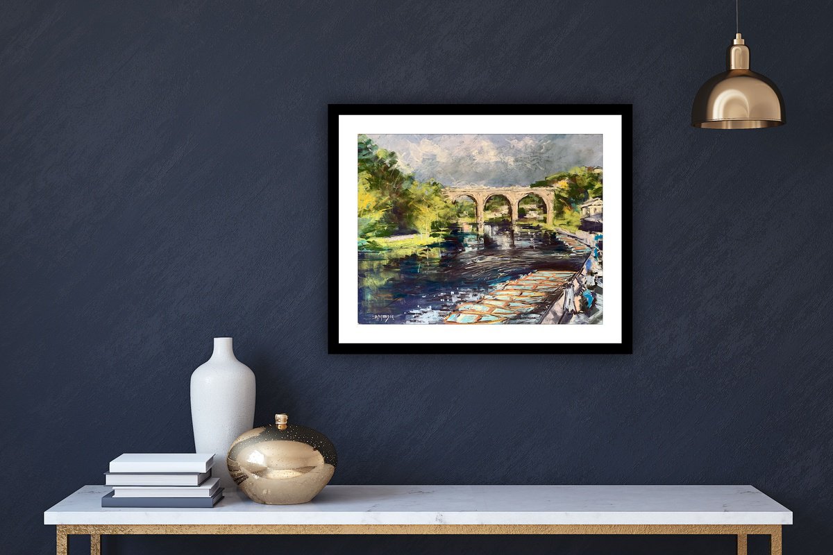 Impressionistic Landscape Pastel Drawing By Andrew Moodie, 18 X 14, Knaresborough Waterfront, Original Artwork