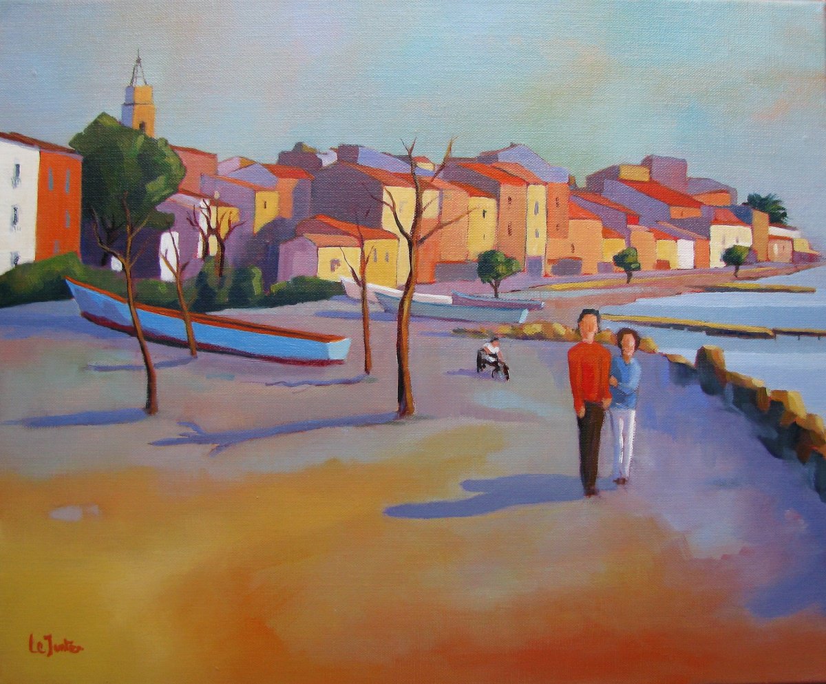 Impressionistic Landscape Oil Painting By Jean-Noel Le Junter, 18 X 15, Mediterranean Coastal Village, Original Artwork