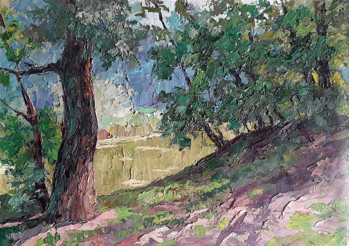 Impressionistic Landscape Oil Painting By Boris Serdyuk, 24 X 17, Shore In The Forest, Original Artwork