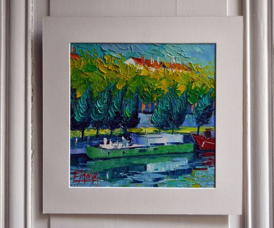 ONE BARGE ON THE RHONE RIVER modern impressionist palette knife oil painting