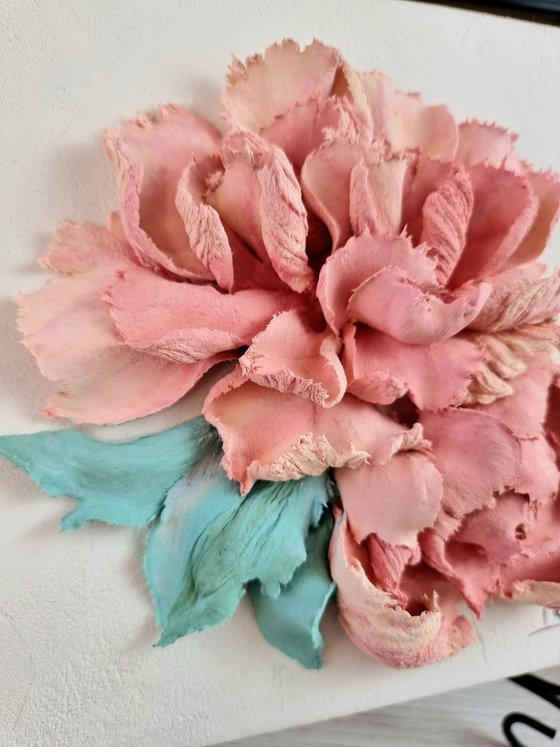 Peony flower panel. Small ceramic sculpture 3d flower with pink petals. Tender peony botanical bas- relief. Peonies - 3d painting