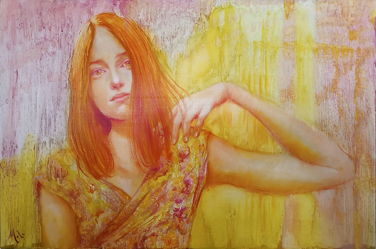 Expressive Portrait Oil Painting By Isabel Mahe, 28 X 19, All On Yellow!, Original Artwork