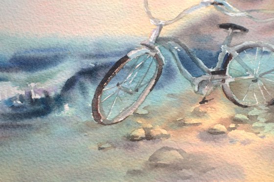 Bicycle by the sea, Watercolor painting