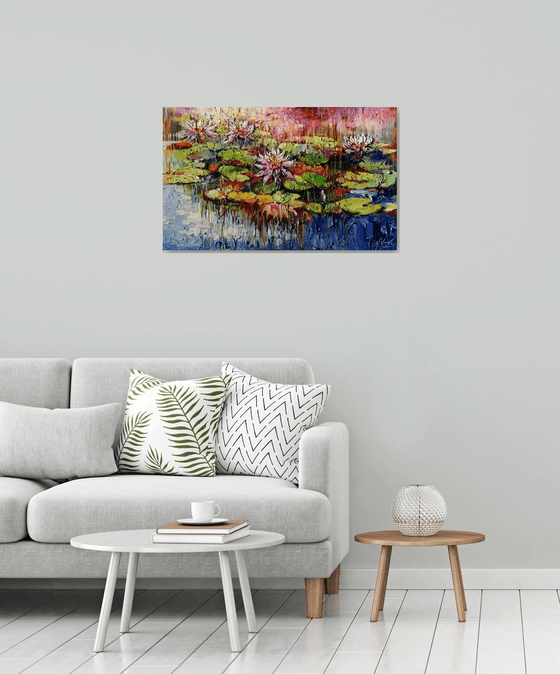 Water lilies pond oil original large impasto painting