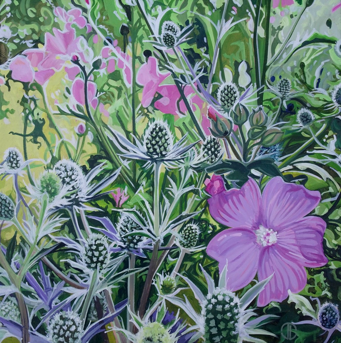 Impressionistic Botanical Acrylic Painting By Joseph Lynch, 20 X 20, Summer Flowers Echinops And Mallow, Original Artwork
