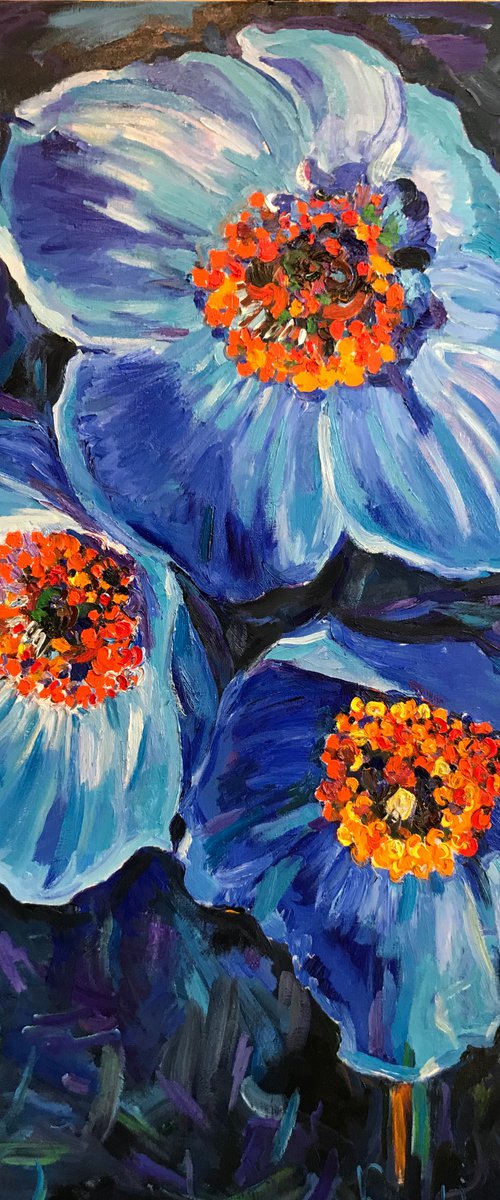 FLOWER OF TIBET - indigo colours, floral art,  large size, original oil painting by Karakhan