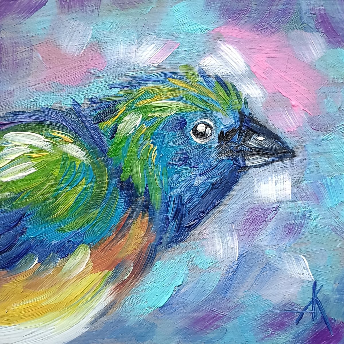 Bird - oil painting, face, animal, birds, gift idea, small size, postcard size, postcards by Anastasia Kozorez