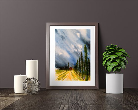 Tuscany Painting Landscape Original Art Poplar Trees Watercolor Artwork Farm House Small Home Wall Art