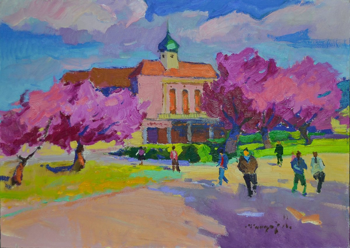 Impressionistic Cityscapes Oil Painting By Alexander Shandor, 28 X 20, City In Cherry Blossoms, Original Artwork