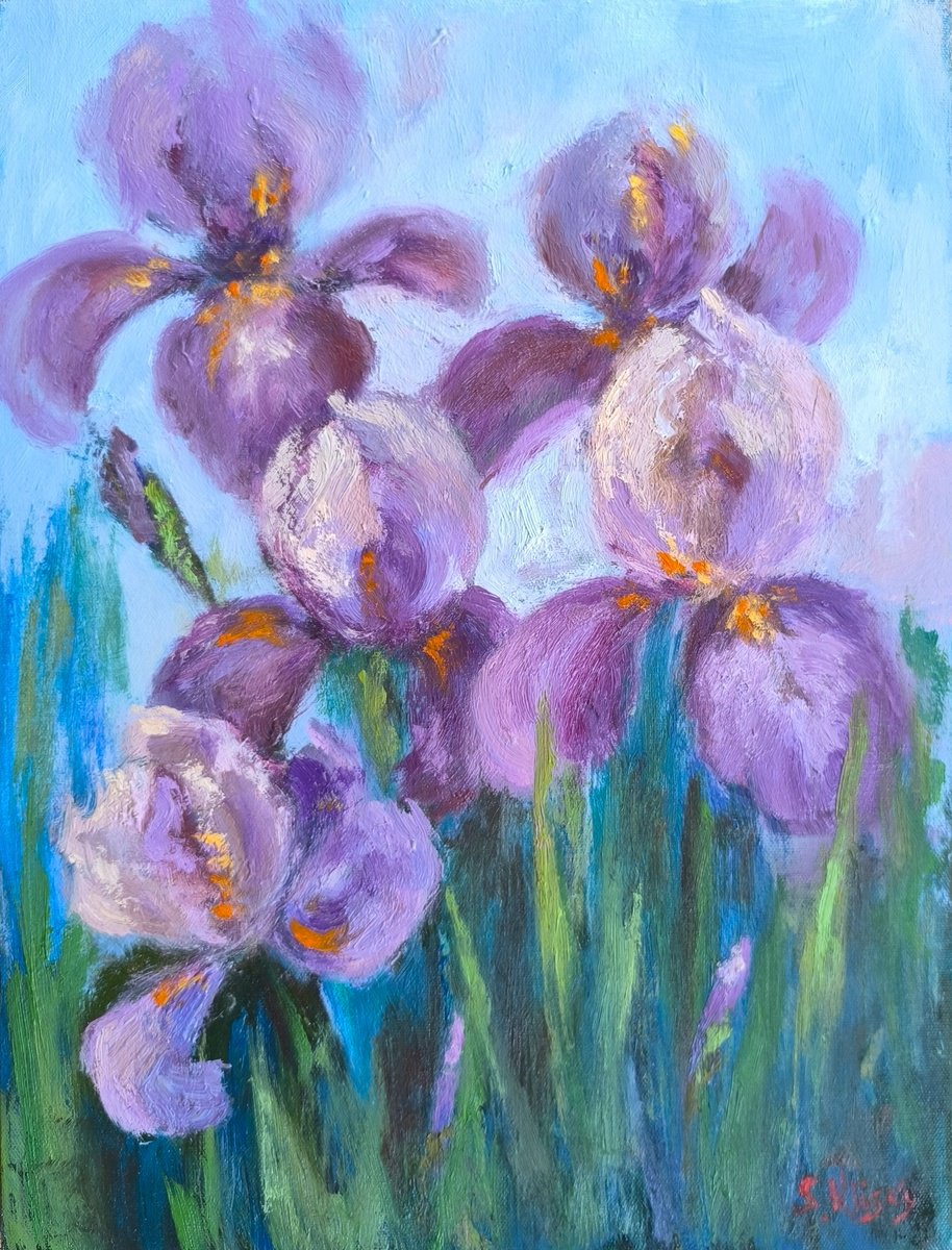 Impressionistic Botanical Oil Painting By Svetlana Grishkovec-Kiisky, 12 X 16", Irises, Original Artwork